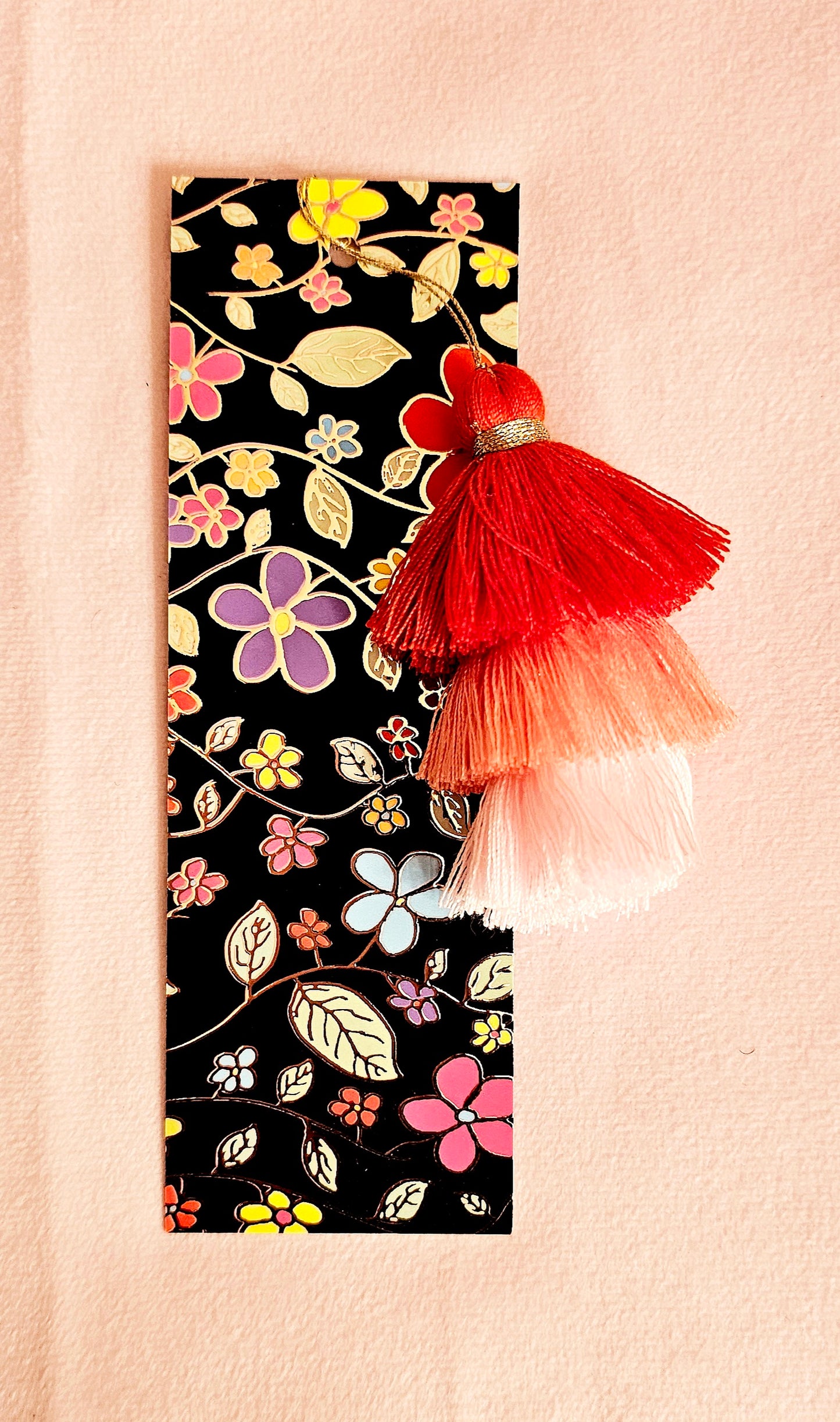 Black Midnight Flower Gold-Foil Bookmark with Tassels