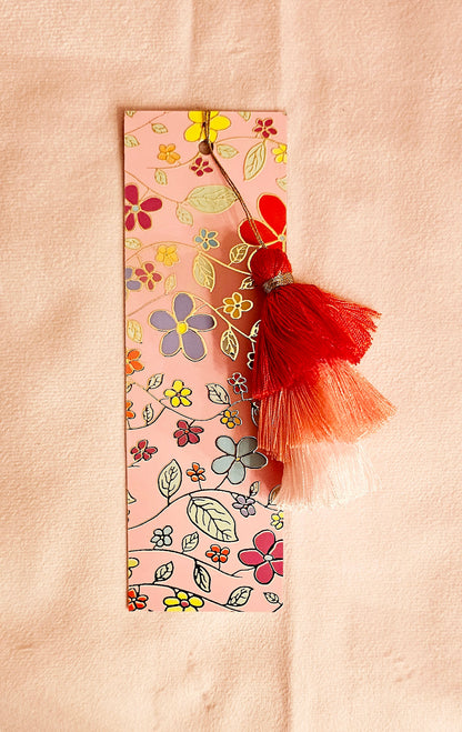 Pink Midnight Flower Gold-Foil  Bookmark with Tassels