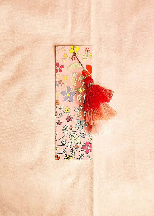 Pink Midnight Flower Gold-Foil  Bookmark with Tassels