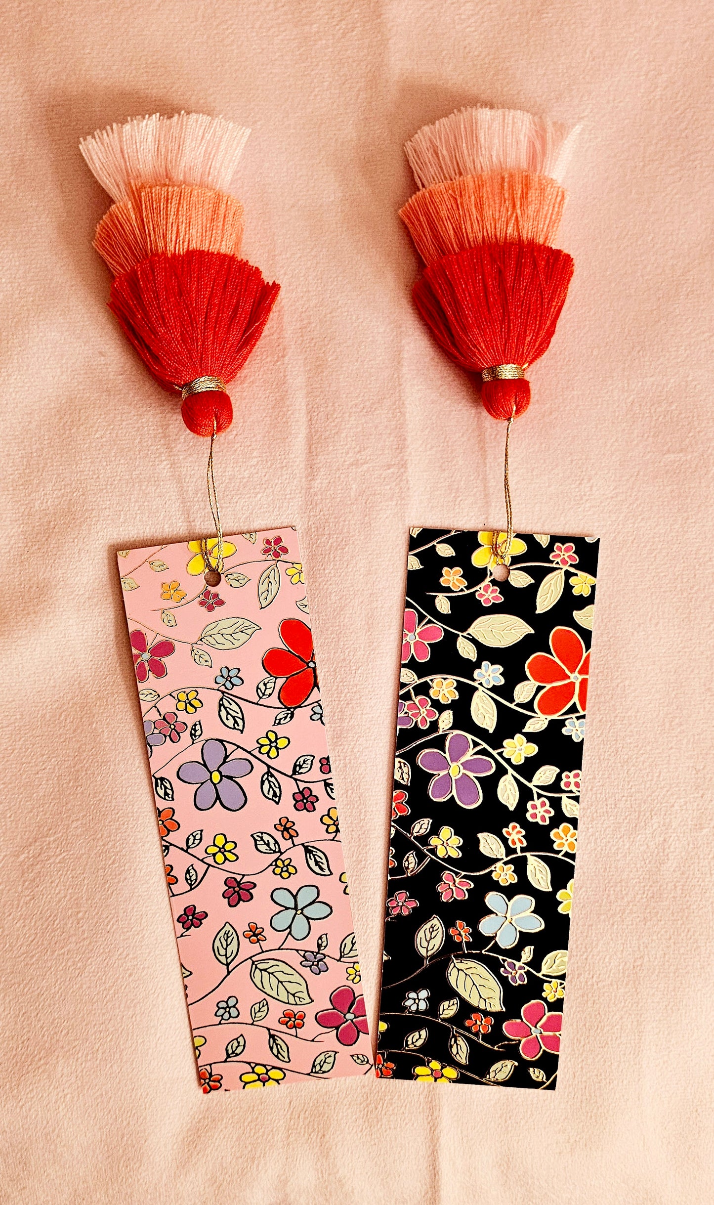 Pink Midnight Flower Gold-Foil  Bookmark with Tassels