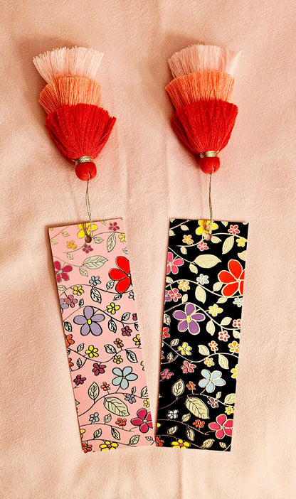 Pink Midnight Flower Gold-Foil  Bookmark with Tassels